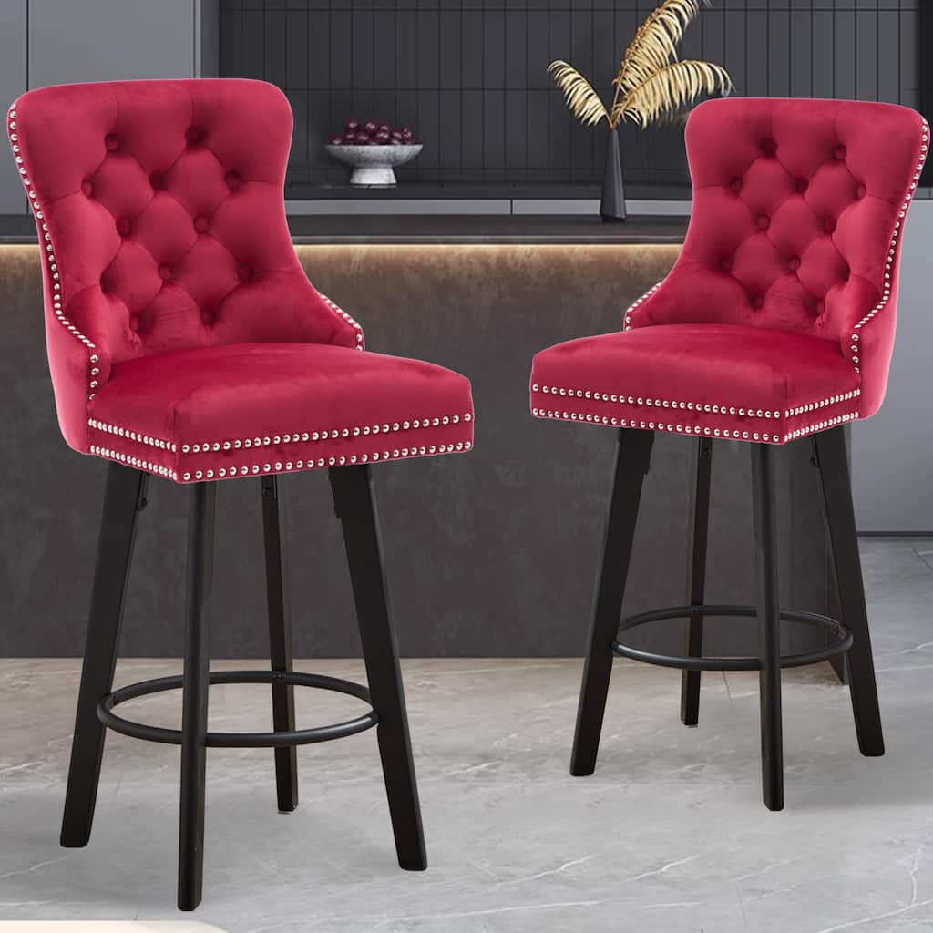 Modern Swivel Bar Stools, Velvet with Button Tufting & Rivet Trim, Large Backrest & Sturdy Footrest for Kitchen Island