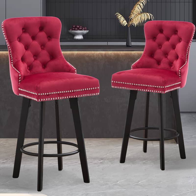 Modern Swivel Bar Stools Velvet Barstools, Button Tufted Bar Stools Rivet Trim Bar Stools for Kitchen Island,Set of 2 - Red