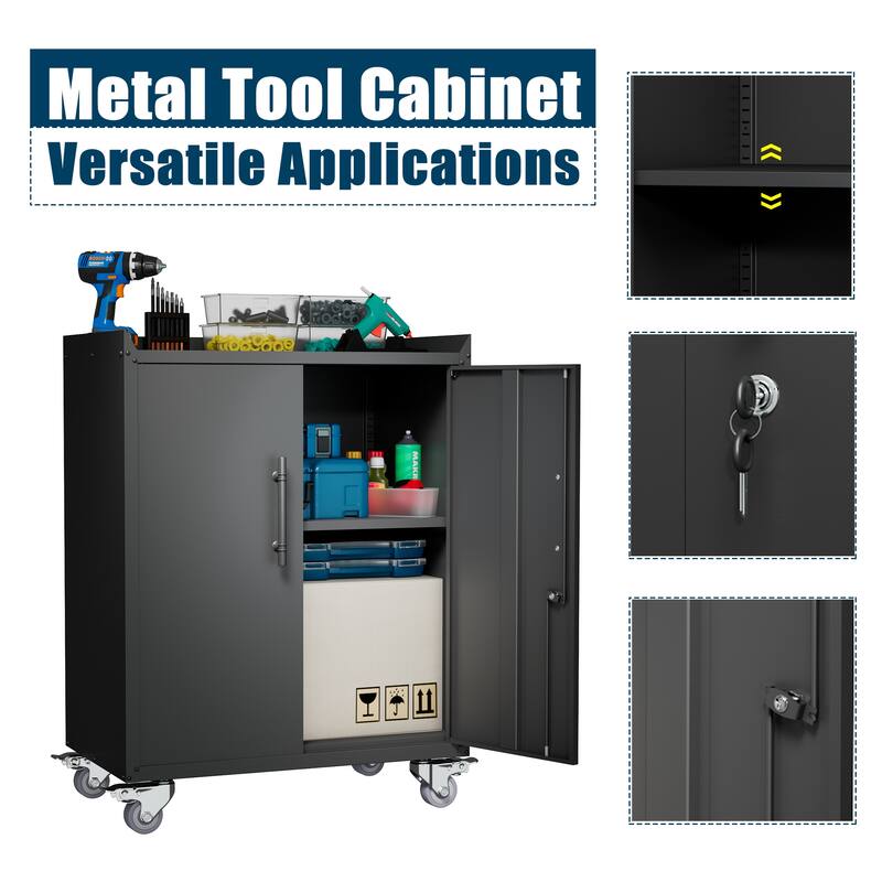 Black Metal Rolling Garage Storage Cabinet with Adjustable Shelves and Lockable Door - 30.31 x 18.11 x 35.40 in (L x W x H)