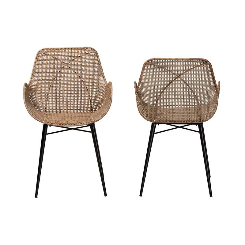 Ballerina Modern Bohemian Greywashed Rattan and Natural Brown Finished Wood 2-Piece Dining Chair Set