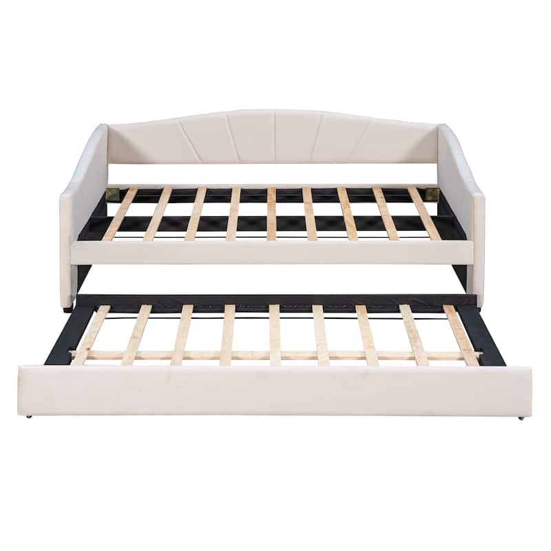 Beige Velvet Upholstered Twin Daybed with Trundle and Wood Slat Support - Sofa Bed