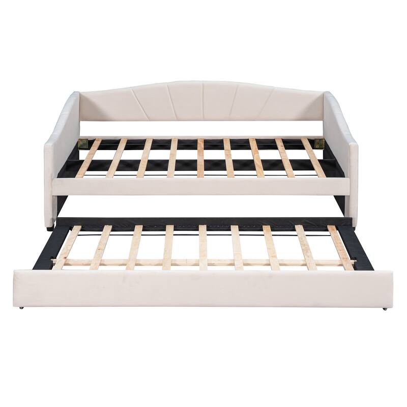 Velvet Upholstered Twin Daybed with Trundle, Solid Wood Slat Support, No Box Spring Needed, Space-Saving Design