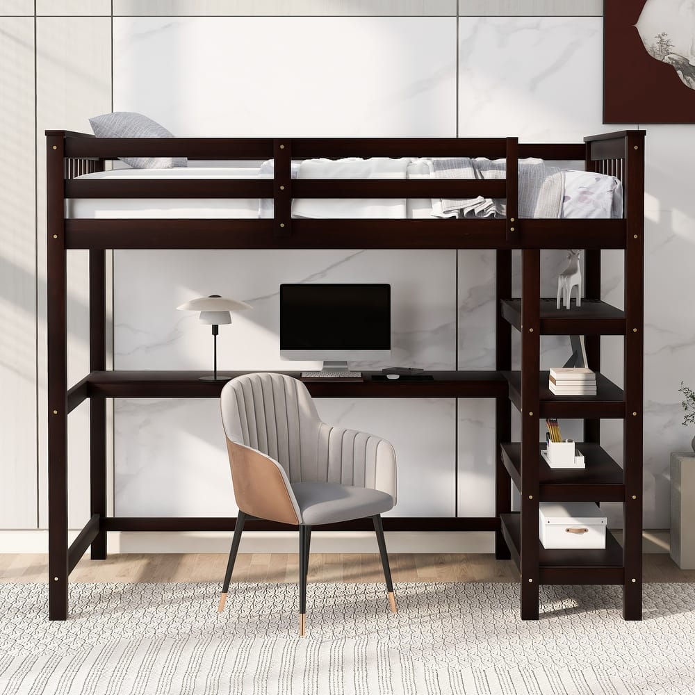 Twin/Full Size Loft Bed with Storage Shelves and Built In Desk, Solid Pinewood High Loftbed Frame with Ladder and Guardrail