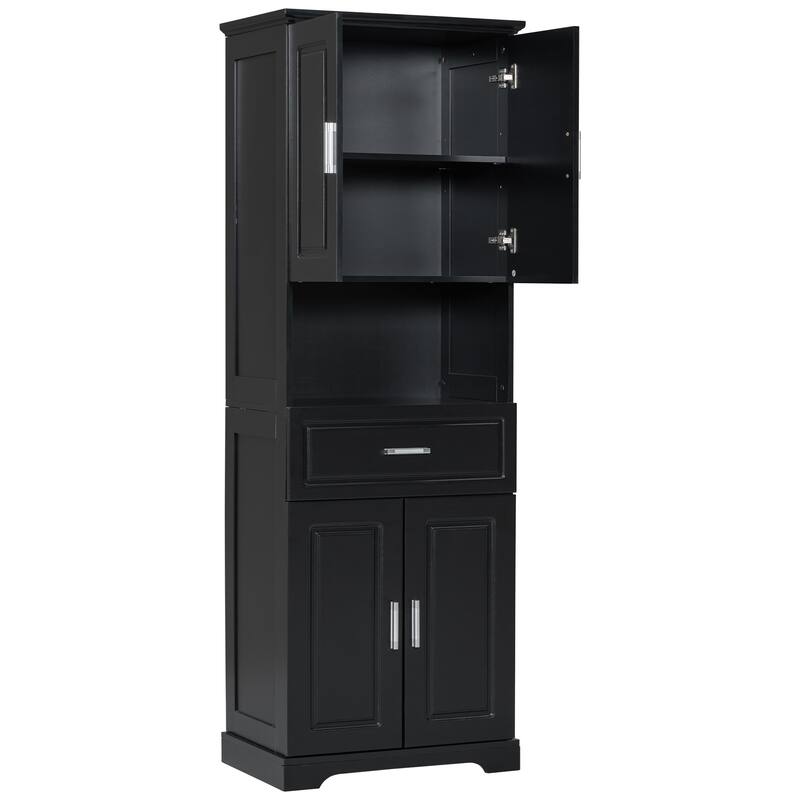 Storage cabinets with doors and open storage shelves
