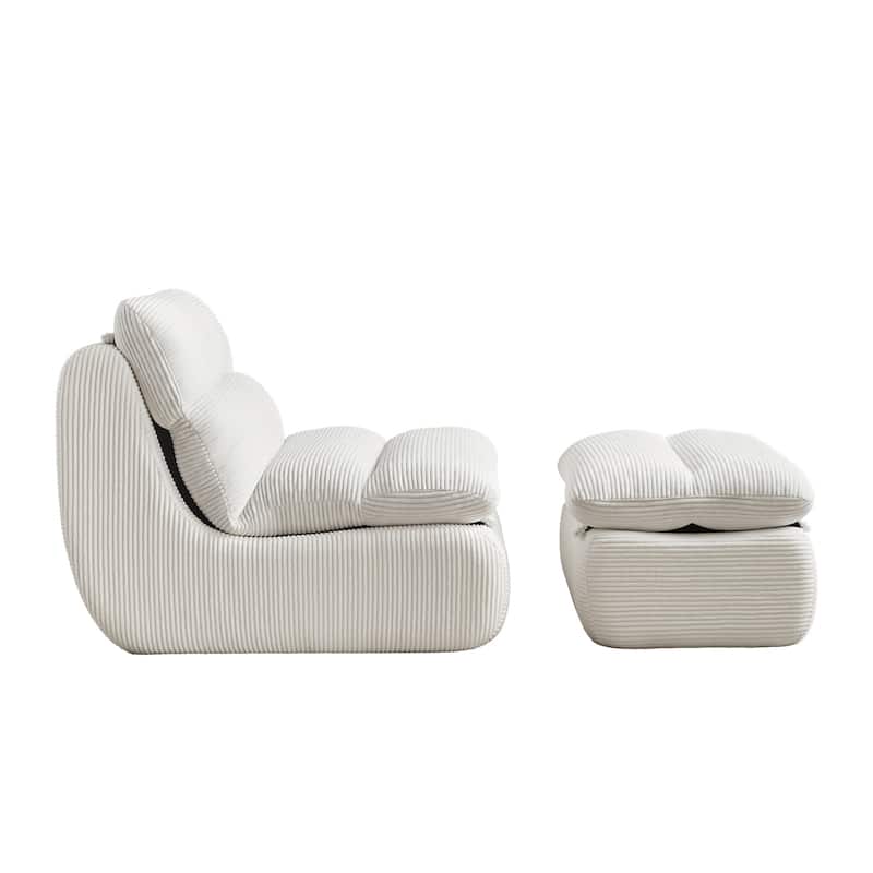 White Corduroy Lounge Chair with Ottoman and High-Density Foam Seat - 31.89" x 39.72" x 29.53"