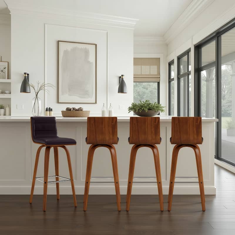 Skara Swivel Bar Stool, Upholstered Bar Height Chair with Bentwood Frame - Brown & Walnut - Set of 4