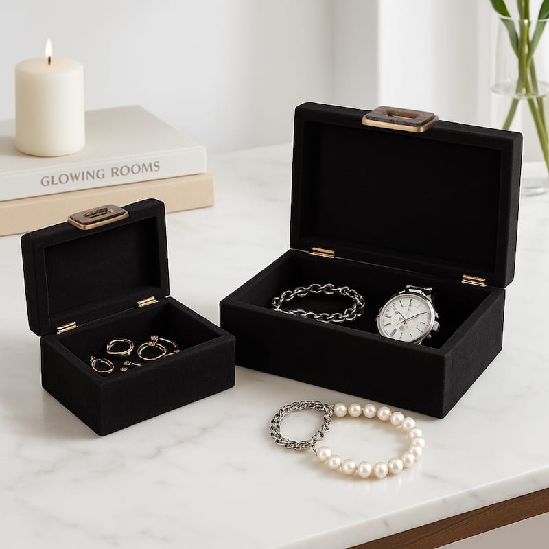 Modern Suede Box with Metallic Detail and Lid - Set of 2, 14", Black - 14.0"