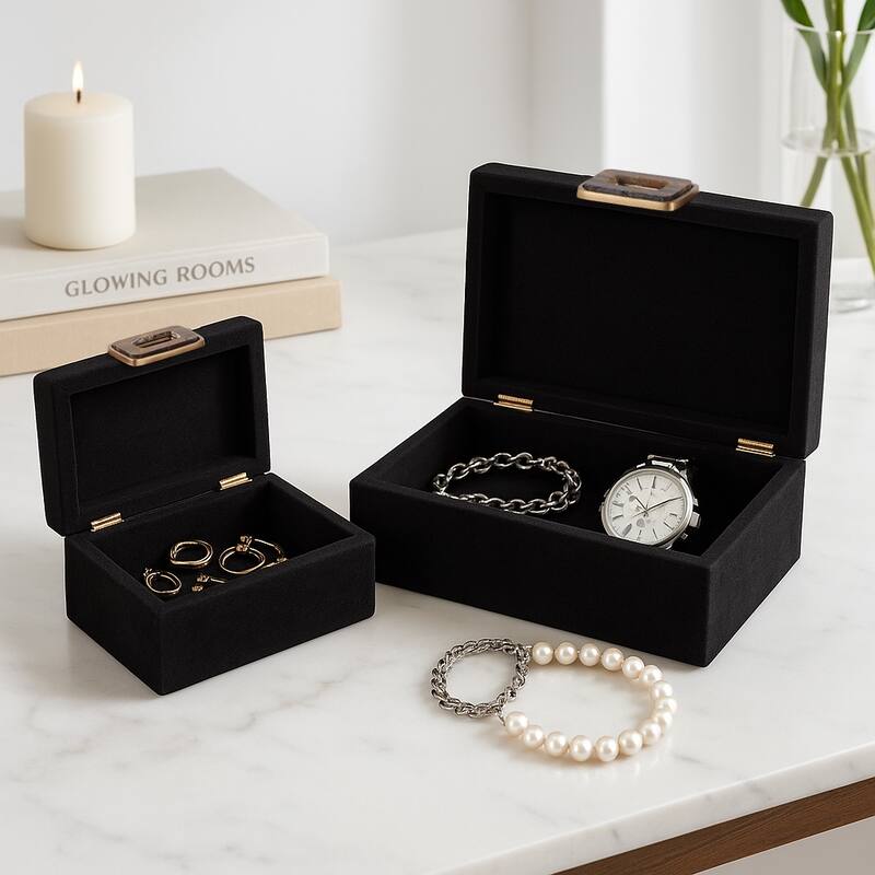Wood Metal Storage Box Gold Accents (Set of 2) - 4", 5" Black - 14" x 10" x 5"
