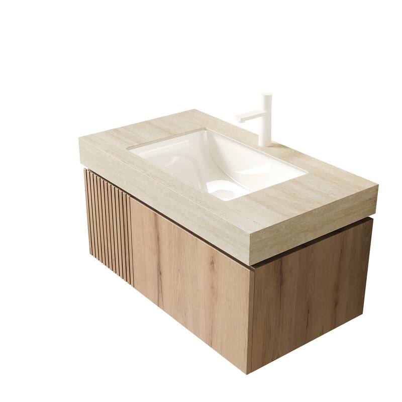 GDFStudio - Muri 36" Floating Bathroom Vanity with Travertine-Pattern Sintered Stone Countertop & Basin, WITHOUT Faucet