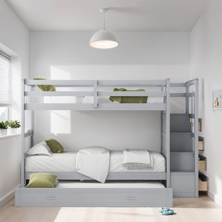 Wooden Twin over Twin Storage Bunk Bed with Trundle and Staircase, Grey