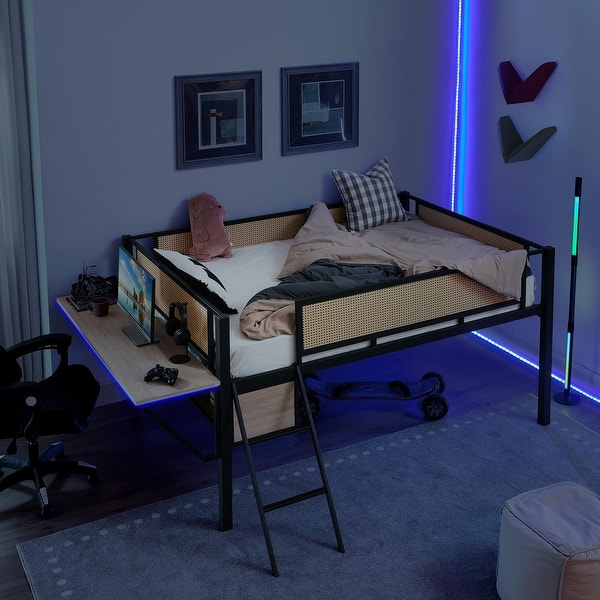 slide 2 of 21, Single metal loft bed with rectangular desk, LED lights Black+Natural