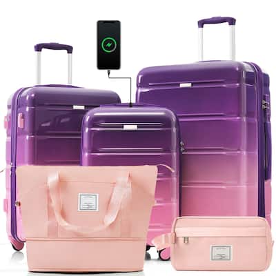 Fashion Luggage Hardshell Luggage with Travel Bag USB Port and Side Hooks, for Boarding Travel, 5 Piece Set