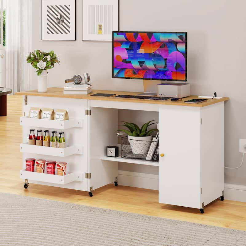 Moasis Folding Sewing Craft Table Computer Desk with Charger Charging Station & Storage Shelves Cabinet - 60.9"L-White