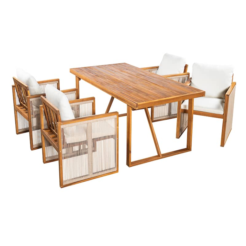 Christopher Knight Home - Modern Outdoor Acacia Wood Dining Set with Cushions and Handwoven Rope Chairs