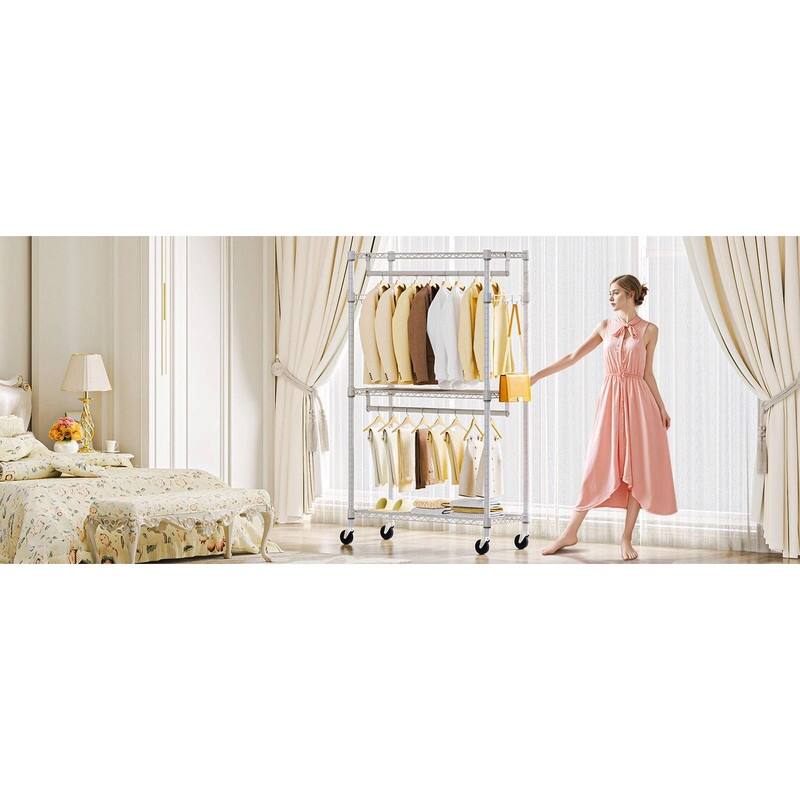 Heavy Duty Rolling Garment Rack with Wheels, 3-Tier Adjustable Wire Shelving, Clothes Rack with 2 Rods & Side Hooks