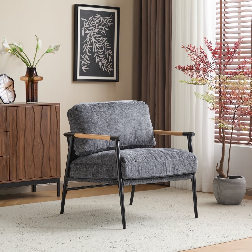 Roomfitters 27.56" Modern Accent Chair with Plush Cushions, Metal Frame and Wooden Armrest Design