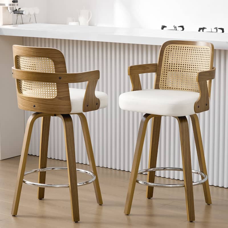 Upholstered Swivel Barstool with Arms and Bentwood Legs - 40.8"H x 18.9"W x 19.5"D/19.3"D - Set of 2 - White-Rattan Back