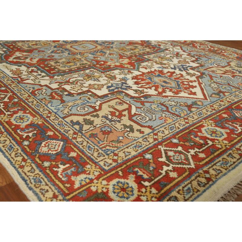 Medallion Heriz Serapi Indian Area Rug Handmade Wool Carpet - 5'9" x 8'9" - Ivory/Beige - 5'9" x 8'9"