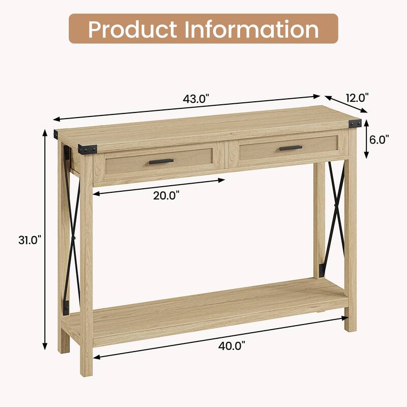 Ail Console Table with Storage Shelf Rattan Sofa Table Entry Table for Living Room Hallway - 12"W x 43"L x 31"H