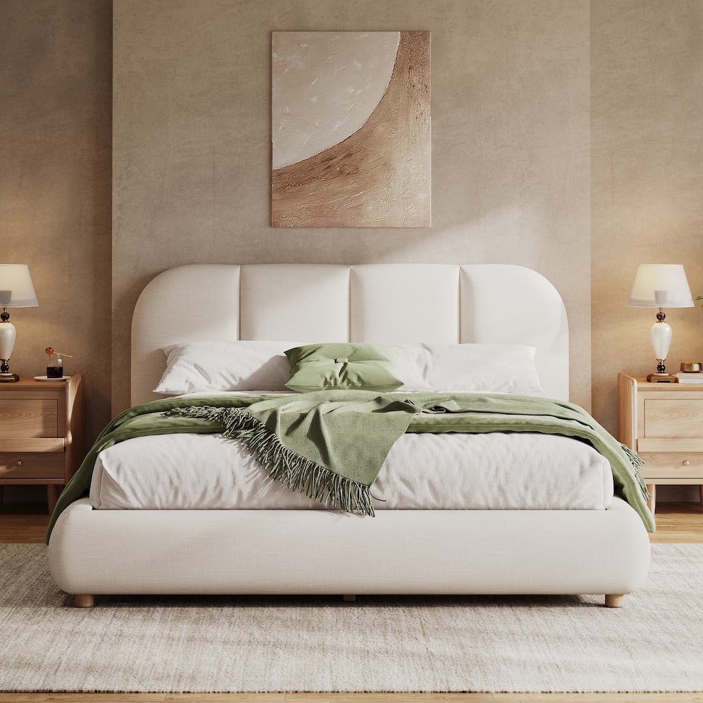 Christopher Knight Home - Modern Upholstered Linen Fabric Bed Frame with Wooden Leg - with Curved Headboard Design