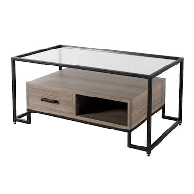 Modern Glass Top Coffee Table with Drawers and Open Shelf