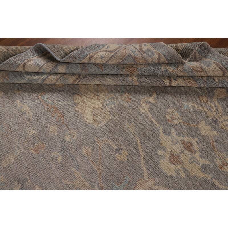 Vegetable Dye Floral Oushak Turkish Rug Hand-Knotted Grey Wool Carpet - 9'4"x 11'8"