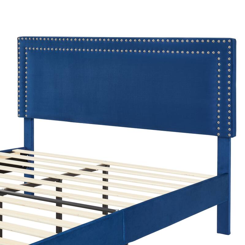 Upholstered Platform Bed Frame with Adjustable Headboard, Velvet Nailhead Trim, No Box Spring Needed