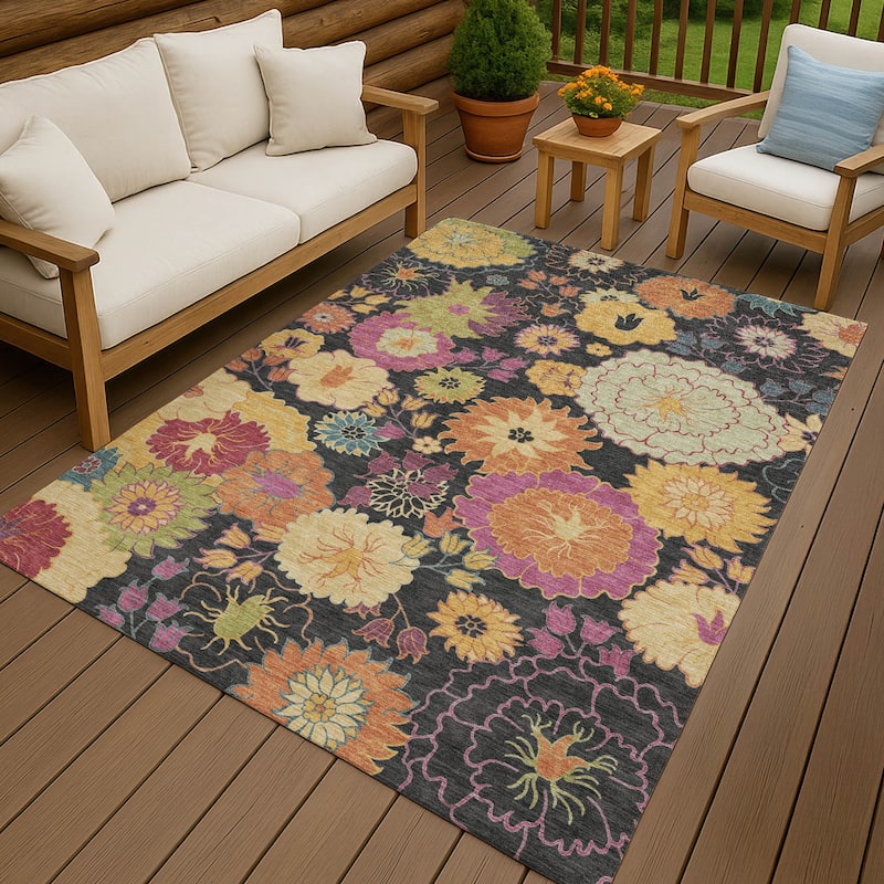 Machine Washable Indoor/ Outdoor Modern Floral Chantille Rug