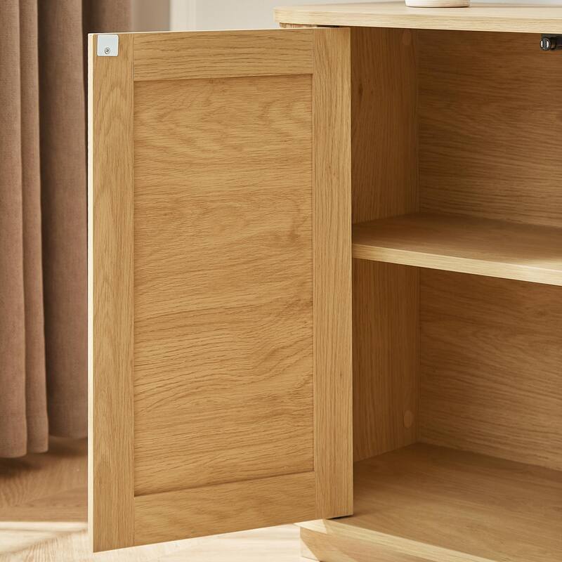 64-inch wave shaped TV stand, rounded corner sideboard, storage cabinet, buffet, wood vertical striped cabinet with rattan doors