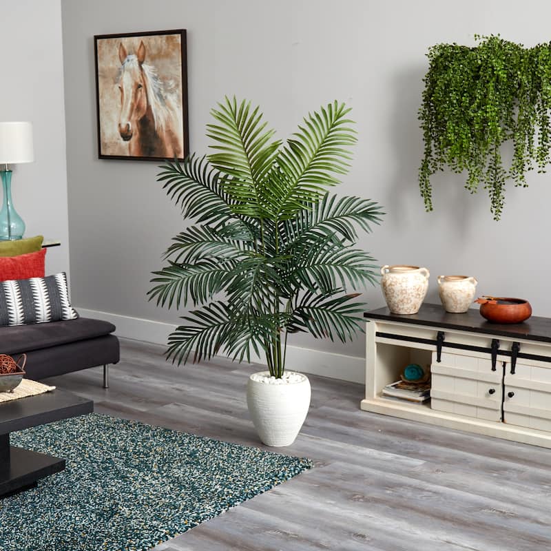 Artificial Palm Tree 5.5Ft Indoor Tropical Decor White Planter - Living Room Focal Point - 5.5ft.