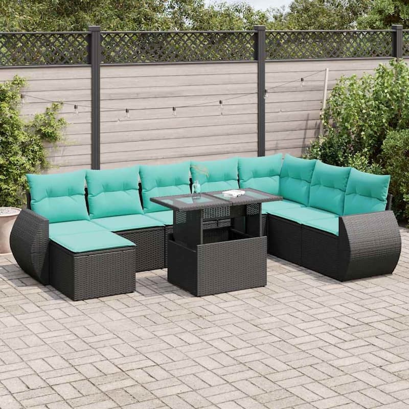 vidaXL Patio Sofa Set with Cushions and Table Outdoor 9 Piece Poly Rattan - 24.4 x 24.4 x 27.2