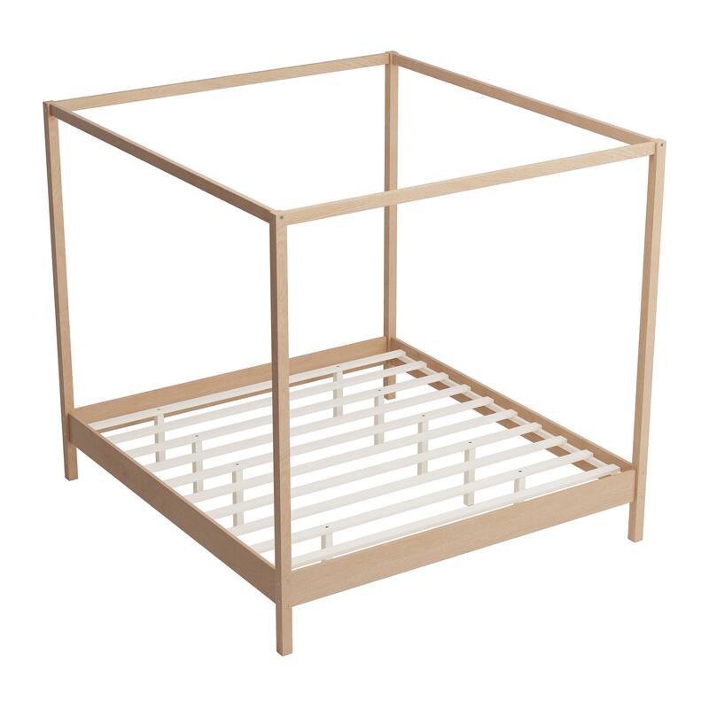 Queen/King Canopy Bed with Slats Support, Solid Wood 4 Poster Platform Bed Frame for Home Apartment, Bedroom Bed Foundation