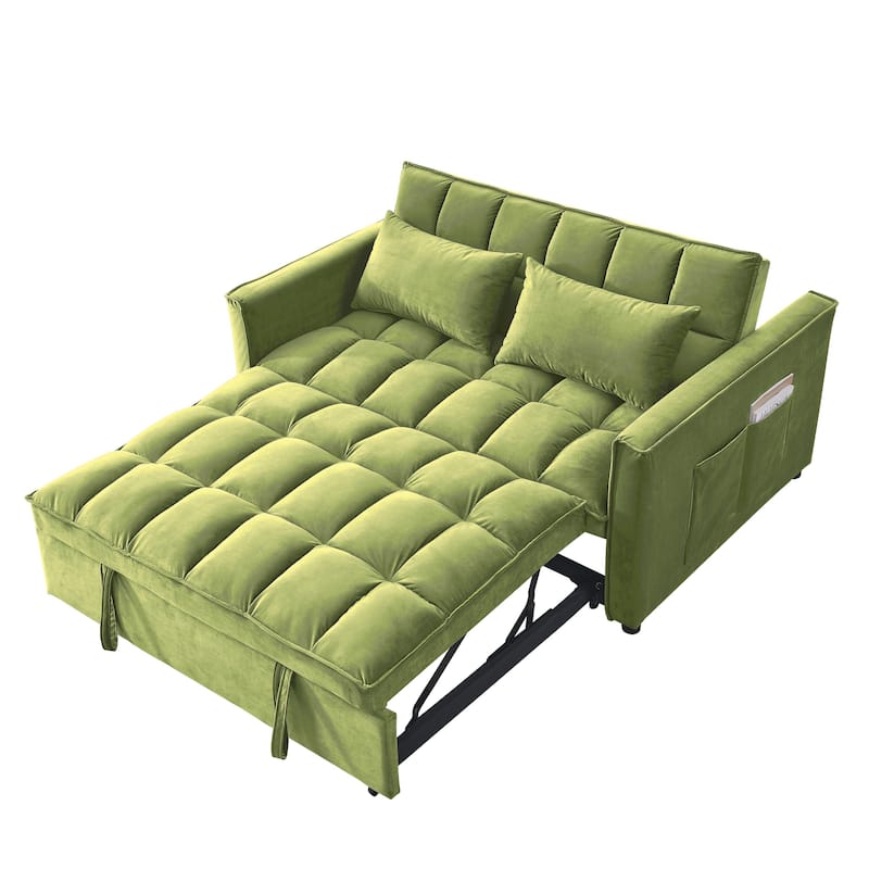 Velvet Sofa Bed, Convertible Pull-Out Couch Loveseat with 3-Level Adjustable Backrest, Sleeper Sofa with Side Pockets