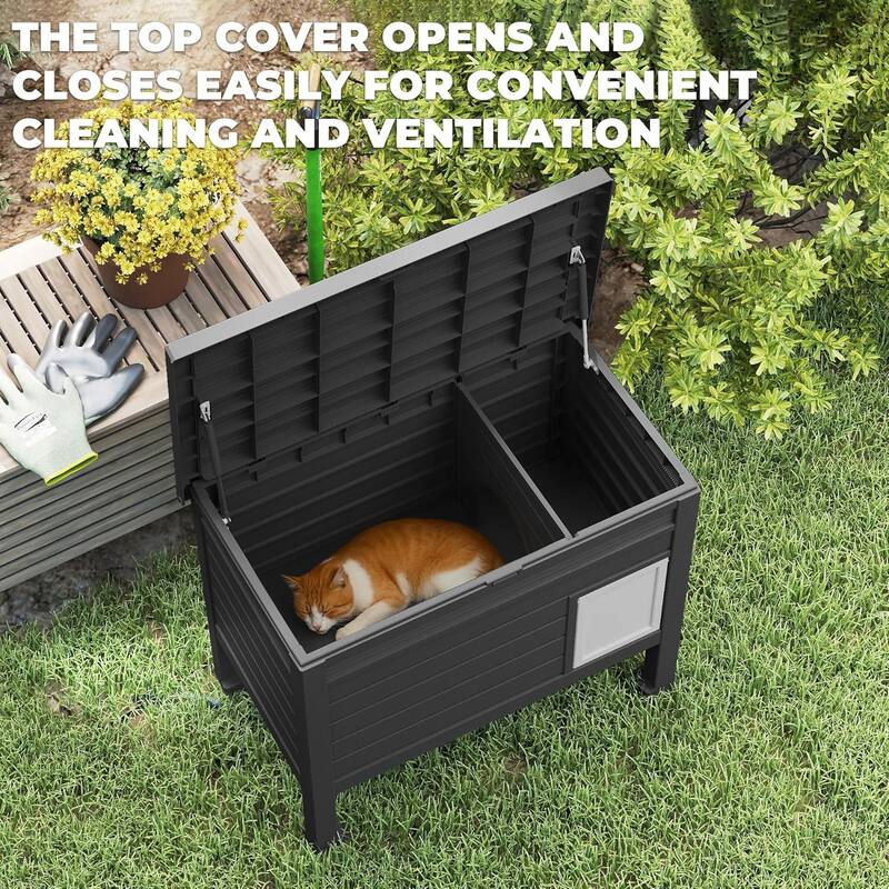 Outdoor Cat House,Weatherproof Resin Feral Cat Shelter(Black)