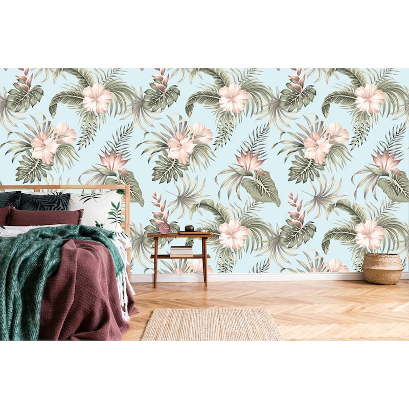 Tropical Vintage Hibiscus Flower, Removable Wallpaper - 10'ft H x 24''inch W