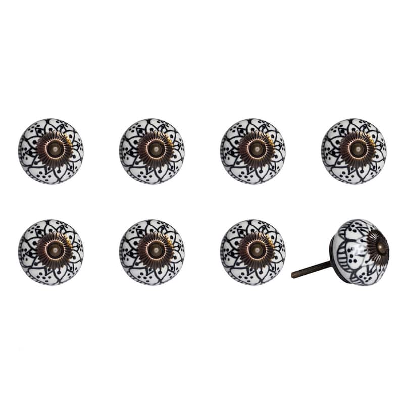 Set of 8 Ceramic and Metal Drawer Pull Knobs with Floral Design - 1.50” x 1.50” x 1.50” - Black-White
