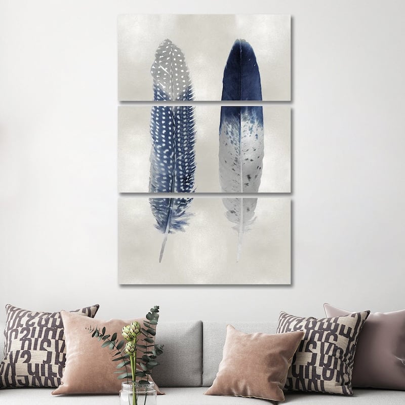 iCanvas "Blue Feather Pair On Silver" by Julia Bosco 3-Piece Canvas Wall Art Set - 60x40x1.5