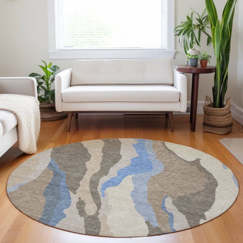 Machine Washable Indoor/ Outdoor Abstract Contemporary Chantille Rug - Taupe - 8' x 8'