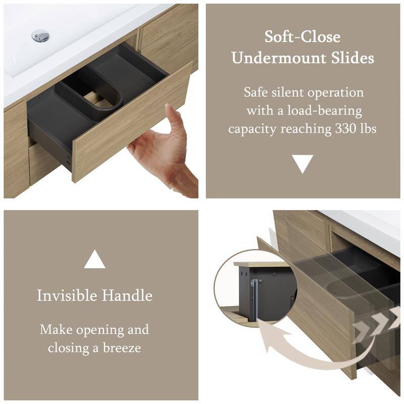 ABRUZZO 60" Floating Bathroom Vanity with Integrated Resin Top Basin 2 Cabinets 2 Soft Close Drawers Full Assembly