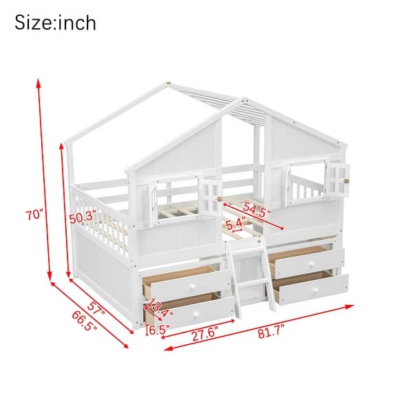 dimension image slide 1 of 2, Full Size House Loft Bed with Roof & Windows | 4 Storage Drawers, Pine Wood Frame, Safety Guardrails & Ladder