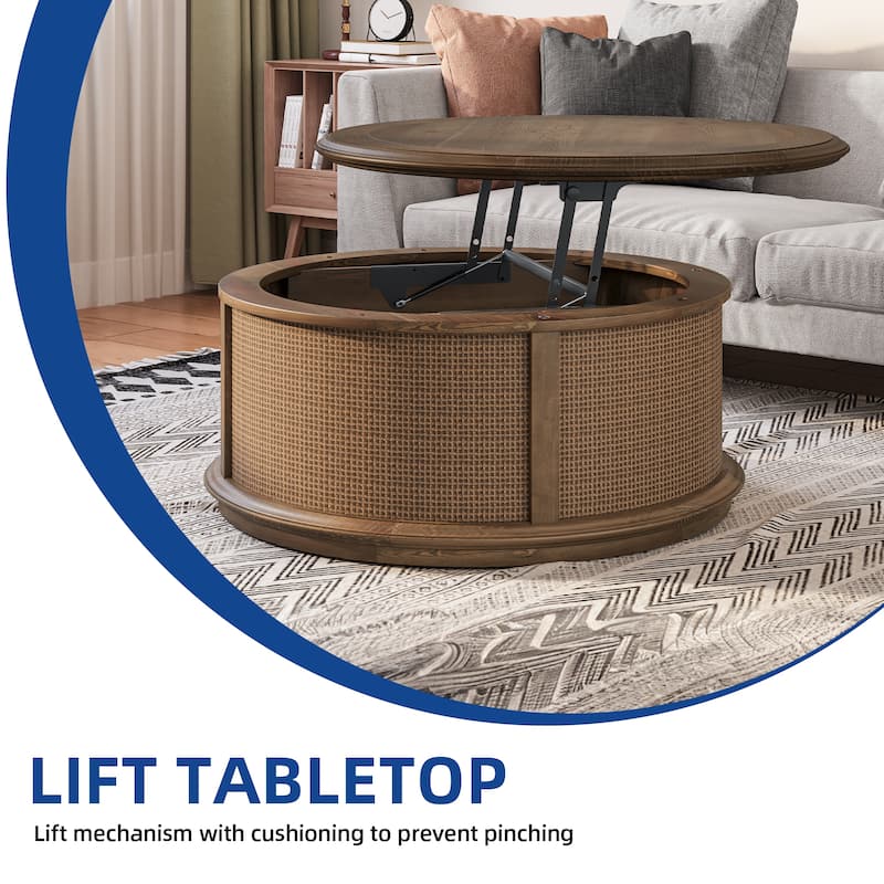 36"Round Rattan Drum Lift Top Coffee Table - 36"Lx36"Wx18"H