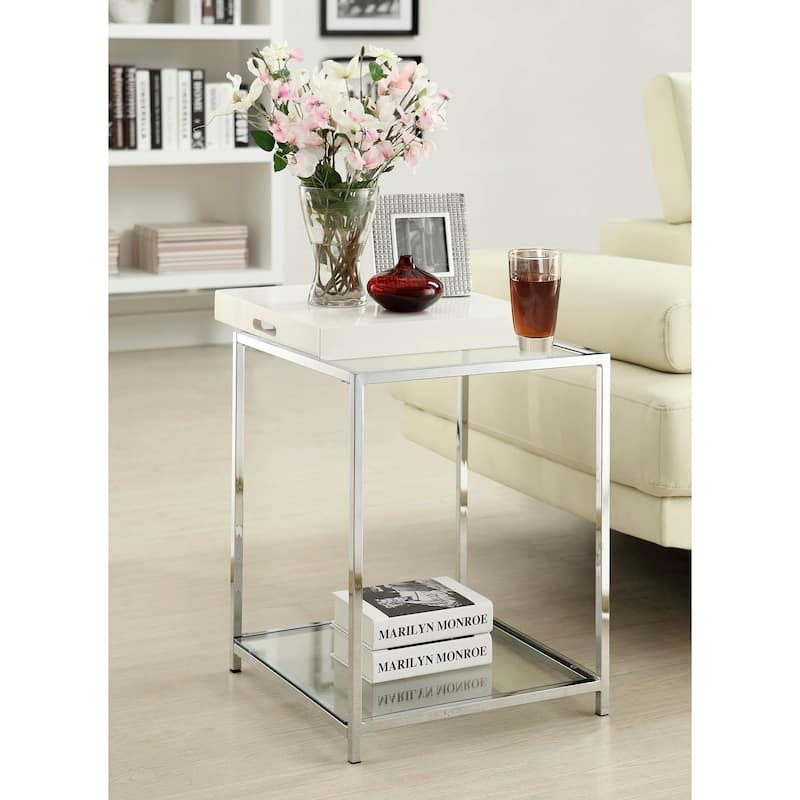 Palm Beach End Table with Glass Shelves and Removable Reversible Tray, Modern Accent Side Table with Chrome Frame for Home - 18