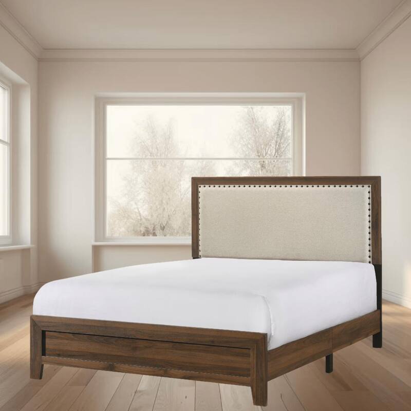 Queen Size Fabric Upholstered Platform Bed Frame with Tufted Headboard and Nailhead Trim, Stylish Bedroom Addition - Brown - Queen