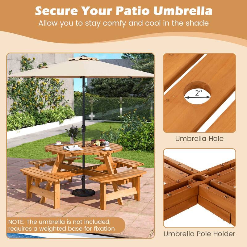 Costway 8-Person Round Picnic Table Set with 4 Built-in Benches 2" - See Details