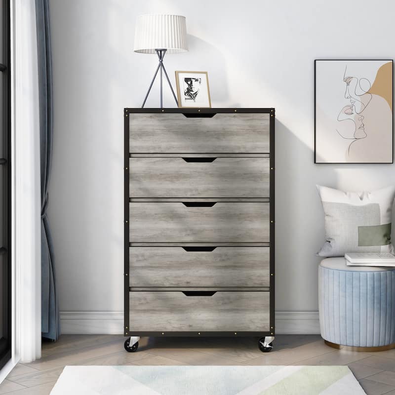 Samuels Industrial Vintage Grey Oak 31-inch Wide 5-Drawer Mobile Vertical Dresser