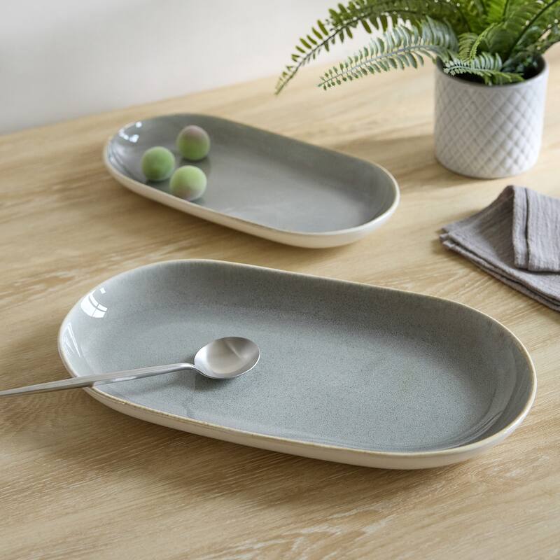 Sango Resona Blue/Black Large Ceramic Serving Platters Set of 2, 14/12 Inch