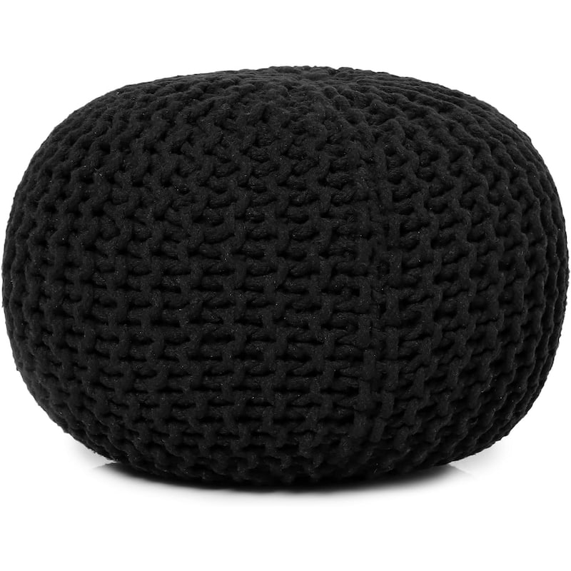 Hand Knitted Pouf Cotton Braided Cord Cable Ottoman - Foot Stool - Accent Seat Furniture Bean Bag - Living Room Kids - 18x18x14