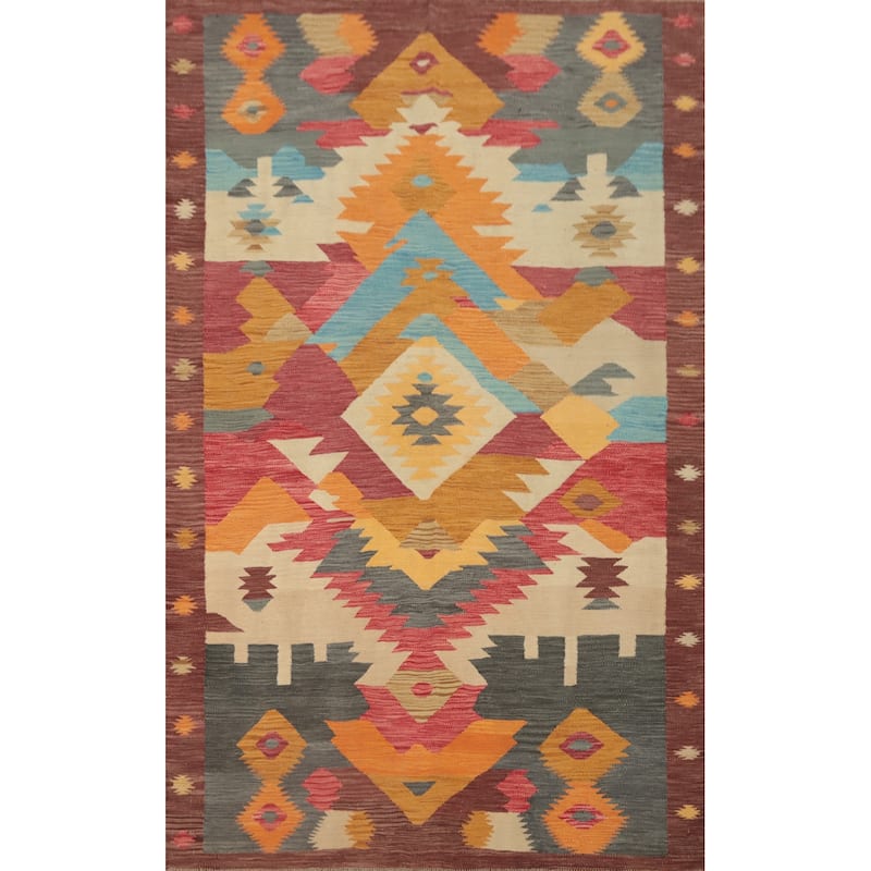 Hand Woven Oriental 100% Wool Carpet Southwestern Tribal Multi-Colored Kilim Area Rug - 8' 0'' X 5' 1''