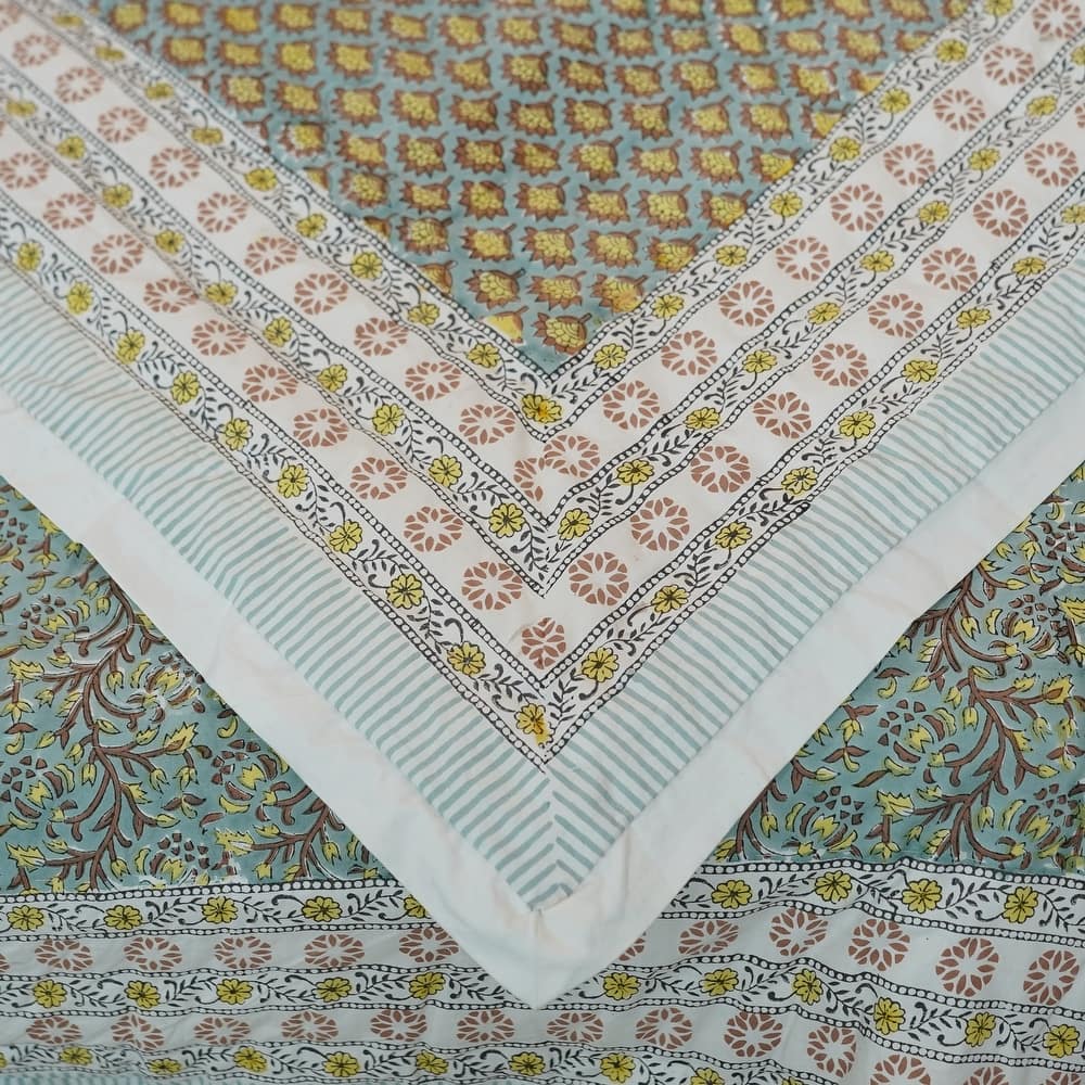 Fabdivine Handmade Textured Cotton Quilt - Brown Green Floral Heritage Textile, Reversible Decorative Quilt for Home Décor