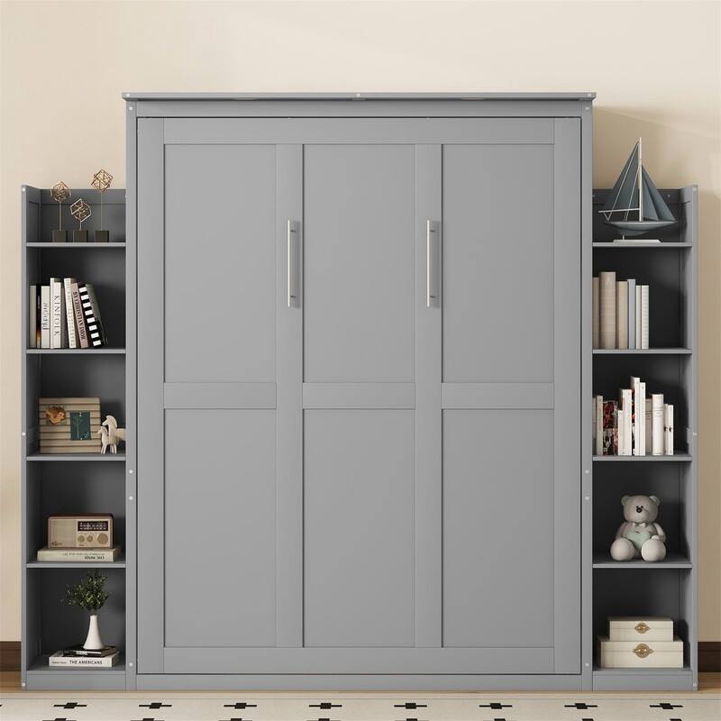 Solid Wood Murphy Wall Bed w/ LED Lights & Open Storage Shelves, Full/Queen Size Folding Murphy Cabinet Bed, Space Saving Design